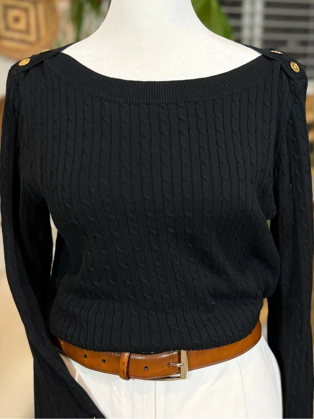 Lauren Ralph Lauren Black Cable Knit Gold Button Shoulder Sweater Cotton M Fall